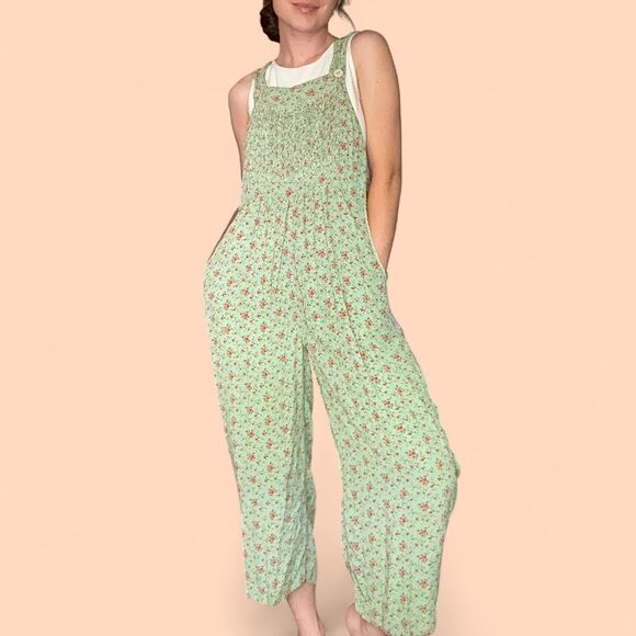 April Cornell Pants - Vintage April Cornell Floral Overall Jumpsuit – Matcha Green